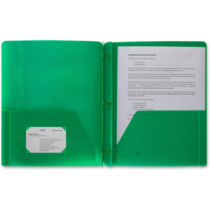 Business Source 3-Hole Punched Poly Portfolio, Letter Size, 8-1/2in x 11in, Green (Min Order Qty 44) MPN:20888