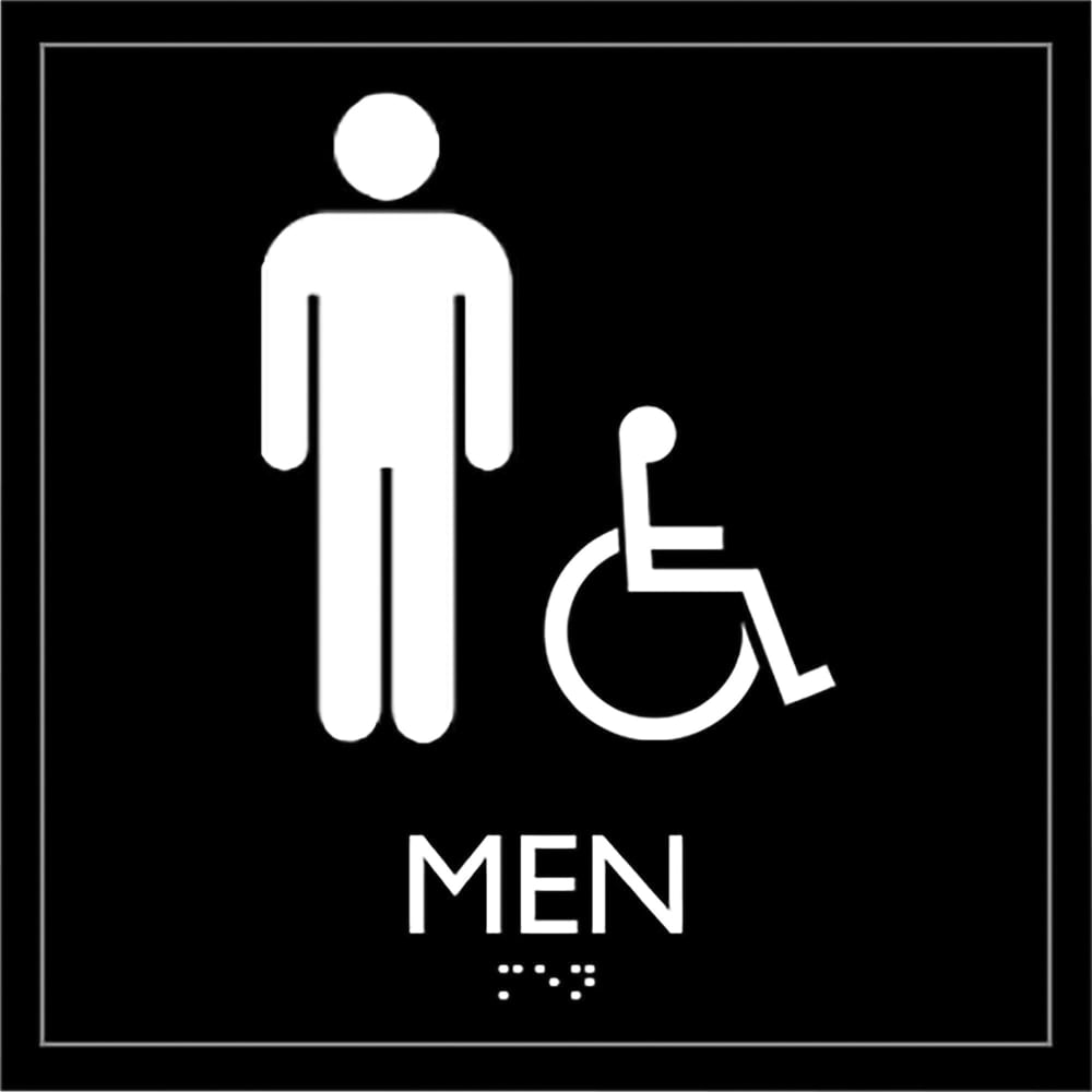 Lorell Mens Handicap Restroom Sign - 1 Each - mens restroom/wheelchair accessible Print/Message - 8in Width x 8in Height - Square Shape - Surface-mountable - Easy Readability, Injection-molded - Restroom, Architectural - Plastic - Bla (Min Order Qty 2) MP