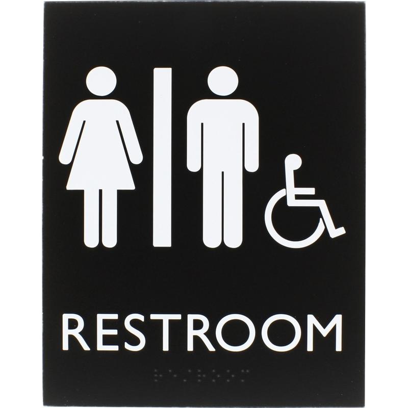 Lorell Unisex Handicap Restroom Sign - 1 Each - Restroom (Man/Woman/Wheelchair) Print/Message - 6.4in Width x 8.5in Height - Rectangular Shape - Surface-mountable - Easy Readability, Braille - Restroom - Plastic - Black MPN:02664