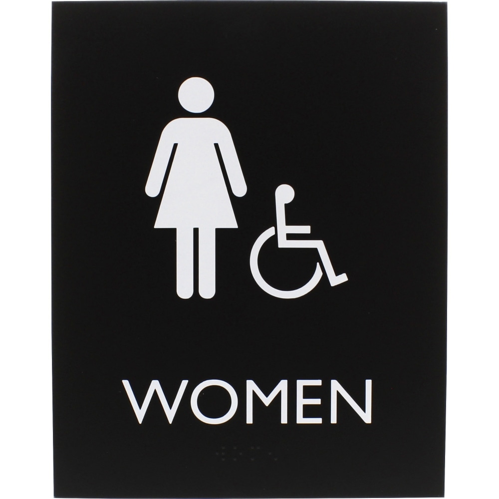 Lorell Womens Handicap Restroom Sign - 1 Each - Women Print/Message - 6.4in Width x 8.5in Height - Rectangular Shape - Surface-mountable - Easy Readability, Braille - Plastic - Black MPN:02666