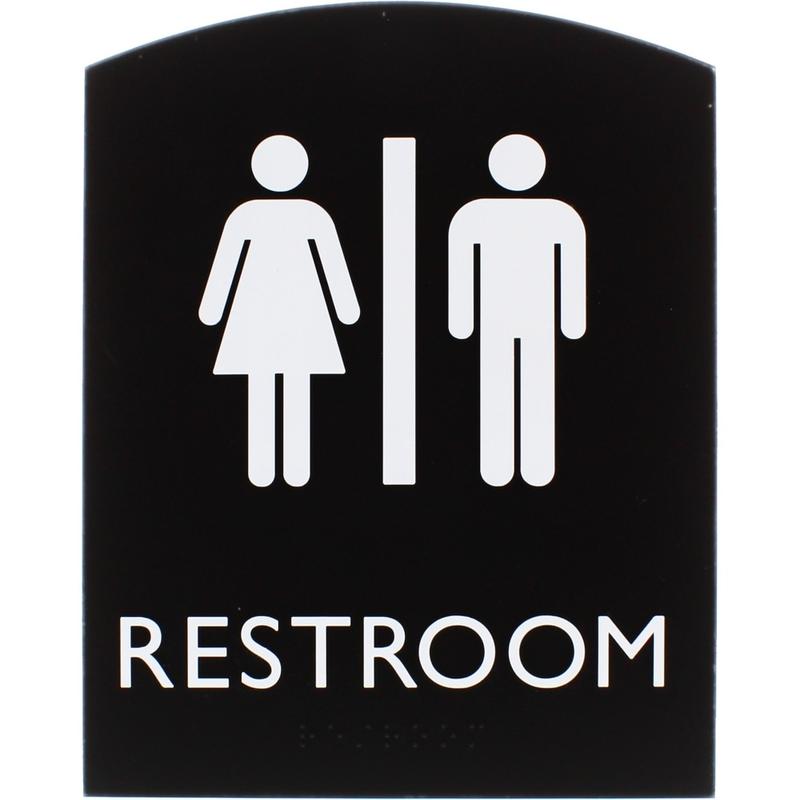 Lorell Arched Unisex Restroom Sign - 1 Each - 6.8in Width x 8.5in Height - Rectangular Shape - Surface-mountable - Easy Readability, Braille - Plastic - Black MPN:02672