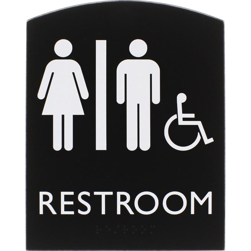 Lorell Arched Unisex Handicap Restroom Sign - 1 Each - 6.8in Width x 8.5in Height - Rectangular Shape - Surface-mountable - Easy Readability, Braille - Plastic - Black MPN:02673