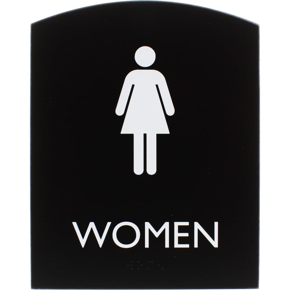 Lorell Arched Womens Restroom Sign - 1 Each - Women Print/Message - 6.8in Width x 8.5in Height - Rectangular Shape - Surface-mountable - Easy Readability, Braille - Plastic - Black MPN:02674