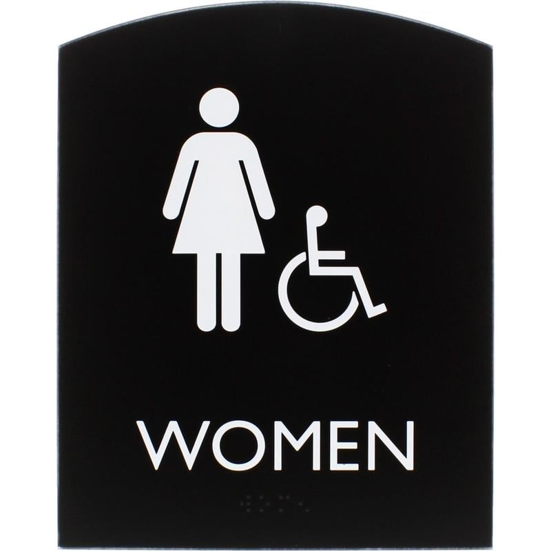 Lorell Arched Womens Handicap Restroom Sign - 1 Each - Women Print/Message - 6.8in Width x 8.5in Height - Rectangular Shape - Surface-mountable - Easy Readability, Braille - Plastic - Black MPN:02675