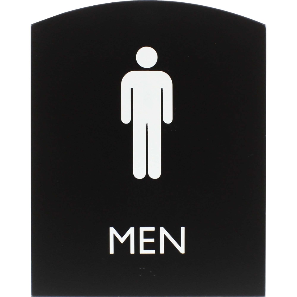 Lorell Arched Mens Restroom Sign - 1 Each - Men Print/Message - 6.8in Width x 8.5in Height - Rectangular Shape - Surface-mountable - Easy Readability, Braille - Plastic - Black MPN:02676