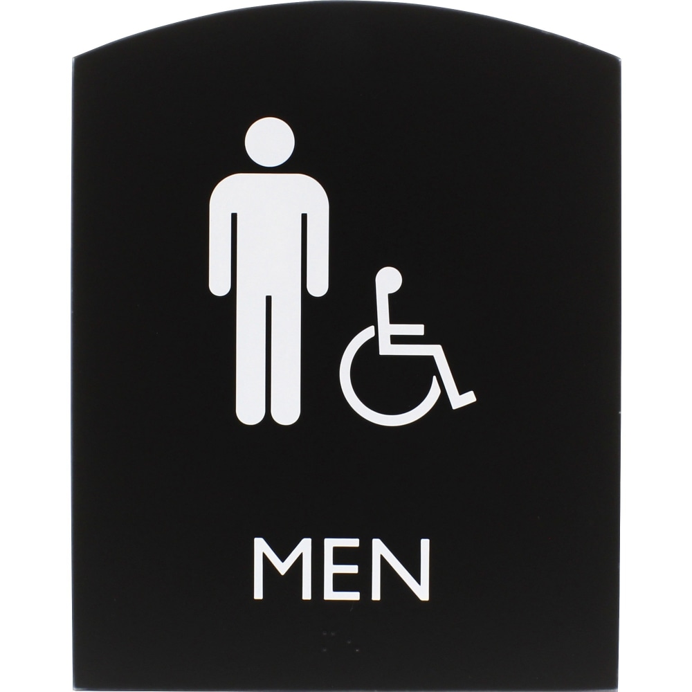 Lorell Arched Mens Handicap Restroom Sign - 1 Each - Men Print/Message - 6.8in Width x 8.5in Height - Rectangular Shape - Surface-mountable - Easy Readability, Braille - Plastic - Black (Min Order Qty 2) MPN:02677