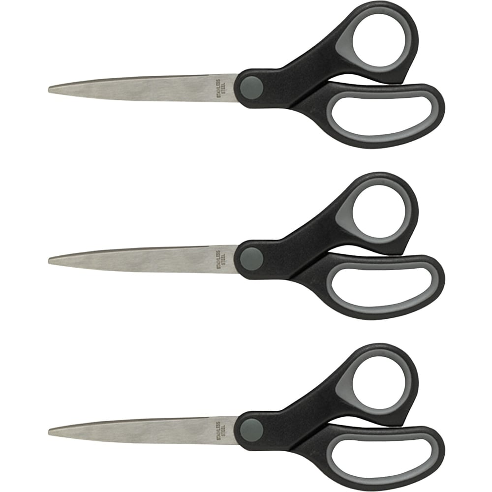 Sparco Straight Scissors w/Rubber Grip Handle - 8in Overall Length - Straight - Stainless Steel - Black, Gray - 3 / Bundle (Min Order Qty 11) MPN:25226BD