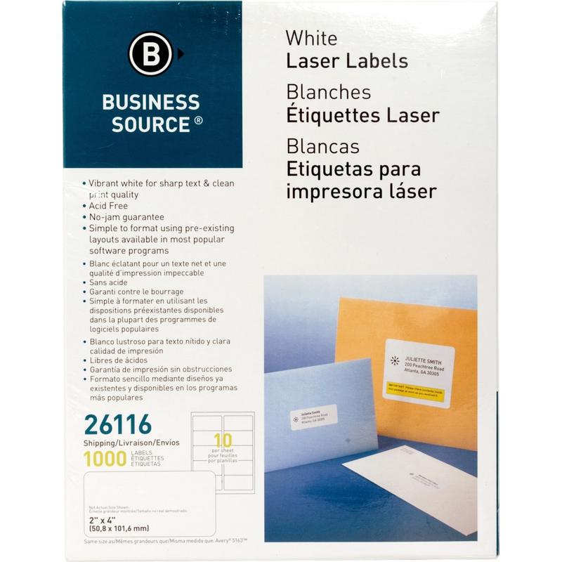 Business Source Bright White Premium-quality Shipping Labels - 2in Width x 4in Length - Permanent Adhesive - Rectangle - Laser, Inkjet - White - 10 / Sheet - 100 Total Sheets - 1000 / Pack - Lignin-free, Jam-free (Min Order Qty 6) MPN:26116