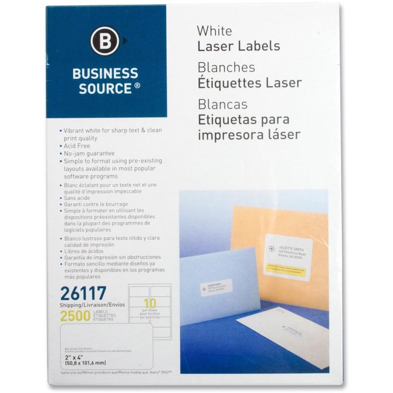 Business Source Bright White Premium-quality Shipping Labels - 2in Width x 4in Length - Permanent Adhesive - Rectangle - Laser, Inkjet - White - 10 / Sheet - 250 Total Sheets - 2500 / Pack - Lignin-free, Jam-free (Min Order Qty 2) MPN:26117