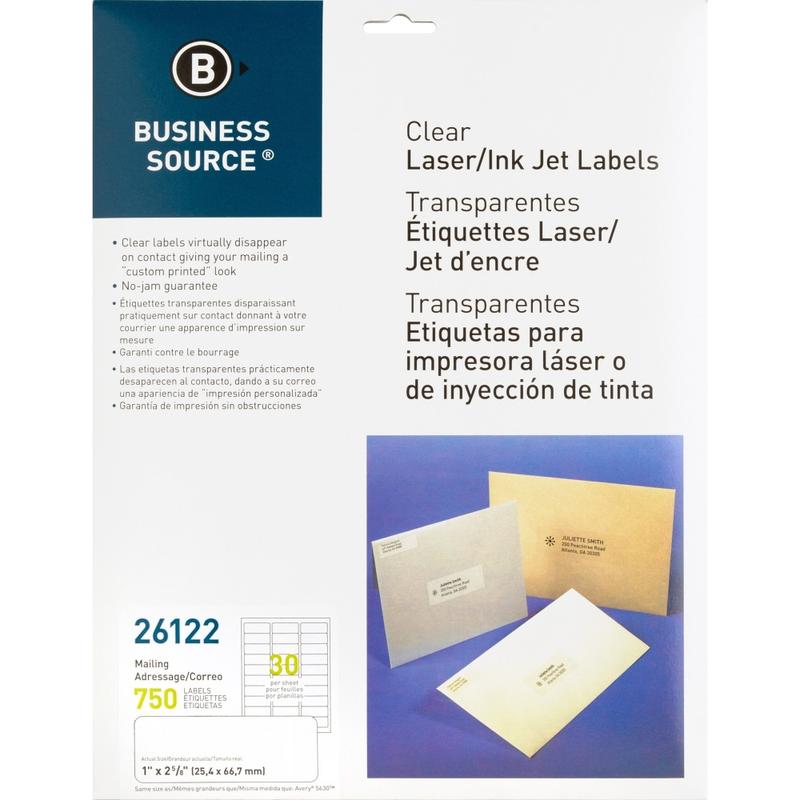 Business Source Mailing Address Labels - 1in Width x 2 3/4in Length - Permanent Adhesive - Rectangle - Laser - Clear - 30 / Sheet - 750 / Pack - Self-adhesive (Min Order Qty 4) MPN:26122