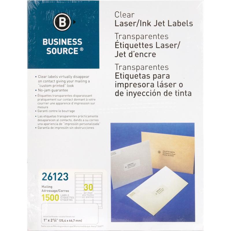 Business Source Mailing Address Labels - 1in Width x 2 3/4in Length - Permanent Adhesive - Rectangle - Laser - Clear - 30 / Sheet - 1500 / Pack - Self-adhesive (Min Order Qty 3) MPN:26123