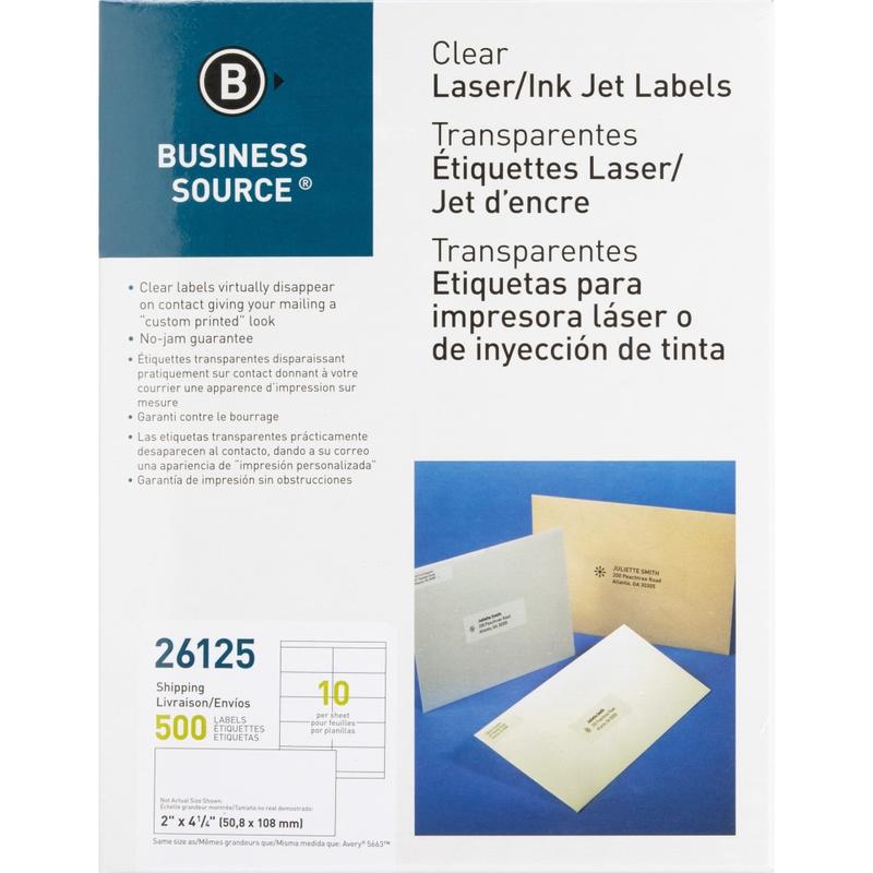 Business Source Clear Shipping Labels - 2in Width x 4 1/4in Length - Permanent Adhesive - Rectangle - Laser - Clear - 10 / Sheet - 500 / Pack - Self-adhesive (Min Order Qty 3) MPN:26125