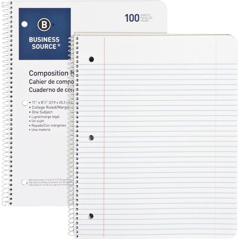 Business Source Wirebound Notebook, 8 1/2in x 11in, College Ruled, 100 Sheets, White (Min Order Qty 7) MPN:10968