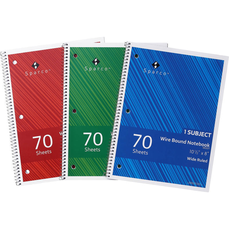 Sparco Wirebound Notebooks, 8 x 10 1/2in, Wide Ruled, 70 Sheets, Assorted Colors, Pack Of 3 (Min Order Qty 9) MPN:00331