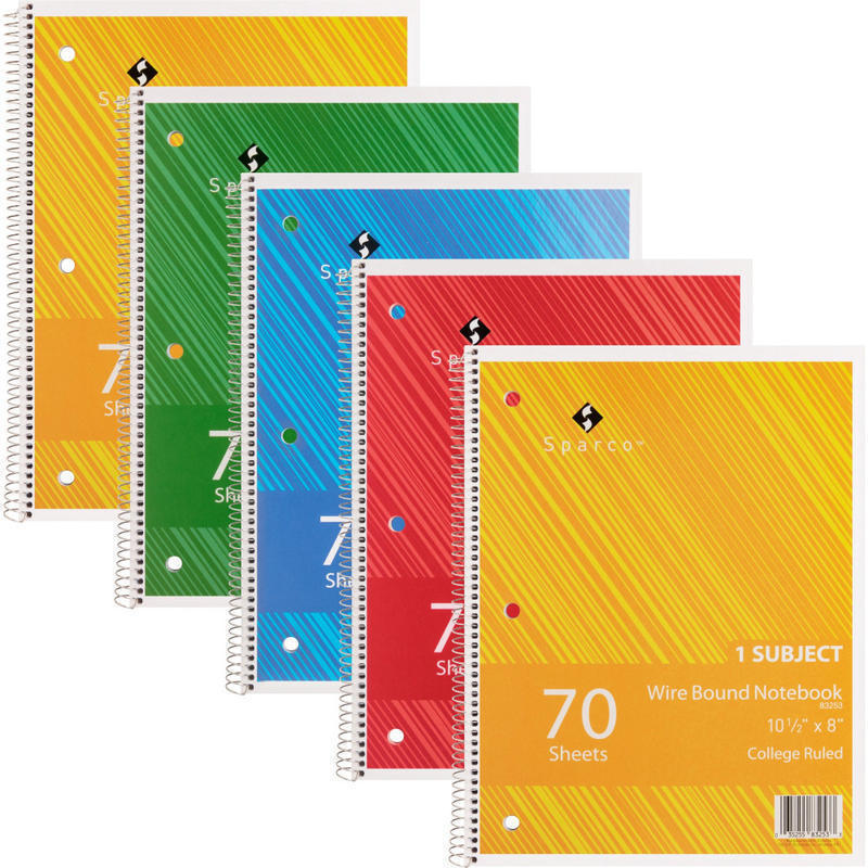 Sparco Wire-Bound Notebooks, 8in x 10.5in, College Ruled, 70 Sheets, Assorted, Pack Of 5 (Min Order Qty 8) MPN:83253BD