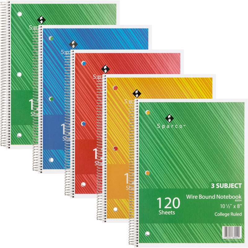 Sparco Wire-Bound Notebooks, 8in x 10.5in, College Ruled, 120 Sheets, Assorted, Pack Of 6 (Min Order Qty 3) MPN:83254BD