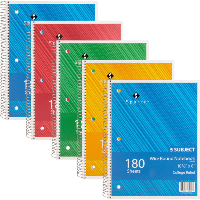 Sparco Wirebound Notebooks, 8in x 10 1/2in, College Ruled, 180 Sheets, Assorted Colors, Pack Of 5 (Min Order Qty 3) MPN:83255BD