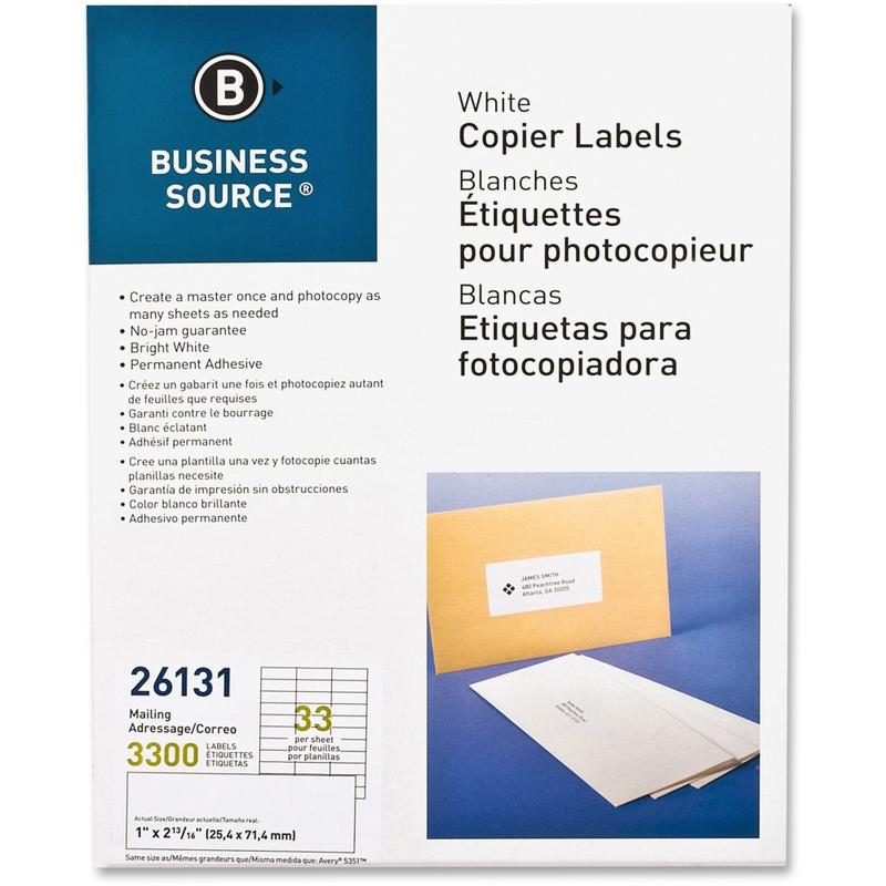 Business Source Bright White Copier Labels - 1in Width x 2 3/4in Length - Rectangle - White - 33 / Sheet - 3300 / Pack - Lignin-free, Jam-free (Min Order Qty 3) MPN:26131