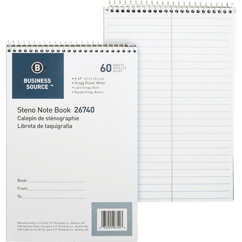 Business Source Steno Notebook - 60 Sheets - Wire Bound - Gregg Ruled Margin - 15 lb Basis Weight - 6in x 9in - White Paper - Stiff-back - 1 Each (Min Order Qty 11) MPN:26740