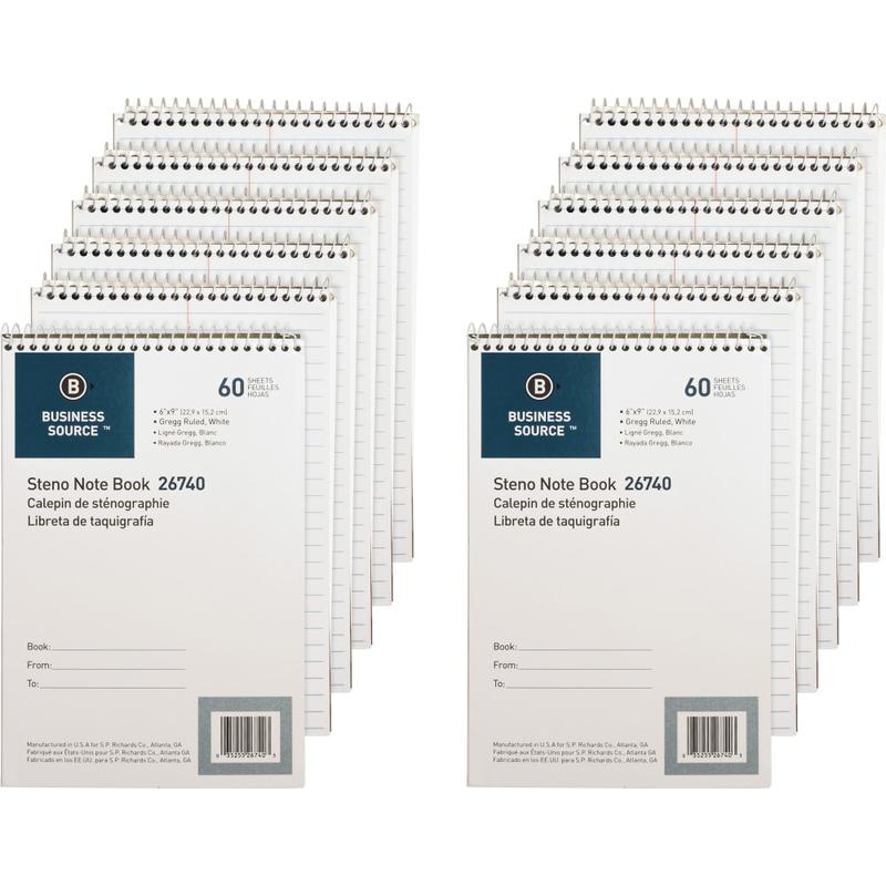 Business Source Steno Notebook - 60 Sheets - Wire Bound - Gregg Ruled Margin - 15 lb Basis Weight - 6in x 9in - White Paper - Stiff-back - 12 / Pack (Min Order Qty 3) MPN:26740PK