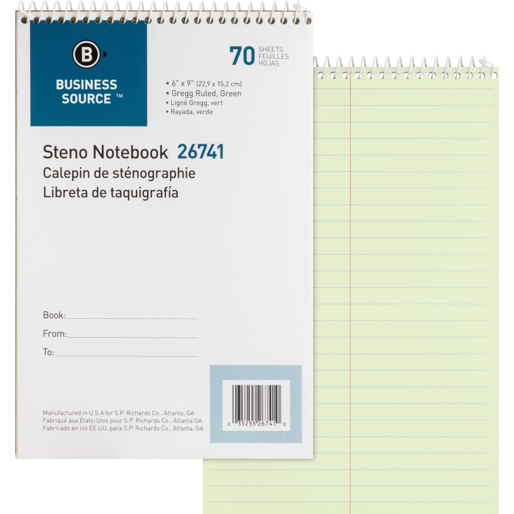 Business Source Steno Notebook - 70 Sheets - Wire Bound - Gregg Ruled Margin - 15 lb Basis Weight - 6in x 9in - Green Paper - Stiff-back - 1 Each (Min Order Qty 10) MPN:26741