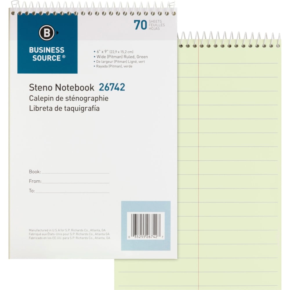 Business Source Steno Notebook - 70 Sheets - Wire Bound - Pitman Ruled Margin - 6in x 9in - Green Paper - Stiff-back - 1 Each (Min Order Qty 9) MPN:26742