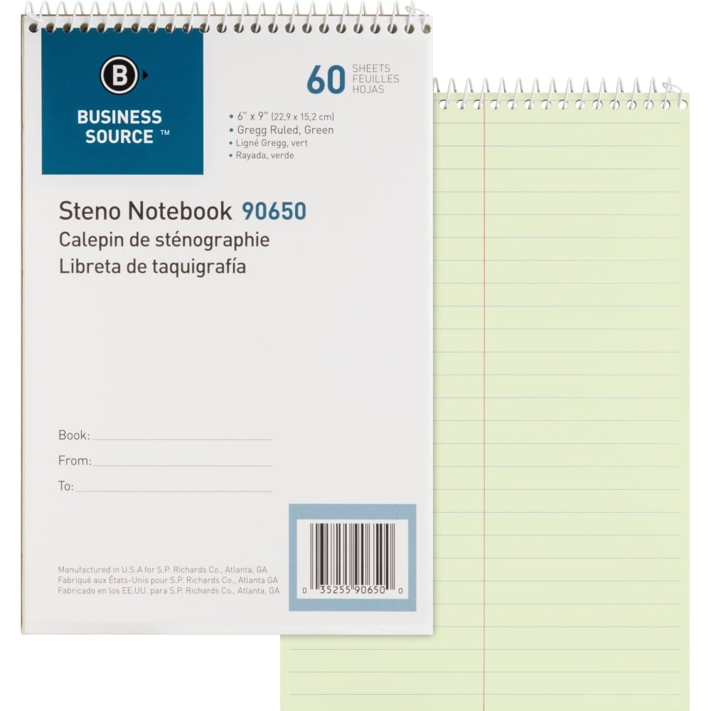 Business Source Steno Notebook - 60 Sheets - Coilock - Gregg Ruled Margin - 6in x 9in - Green Tint Paper - Stiff-back, Sturdy - 1 Each (Min Order Qty 25) MPN:90650