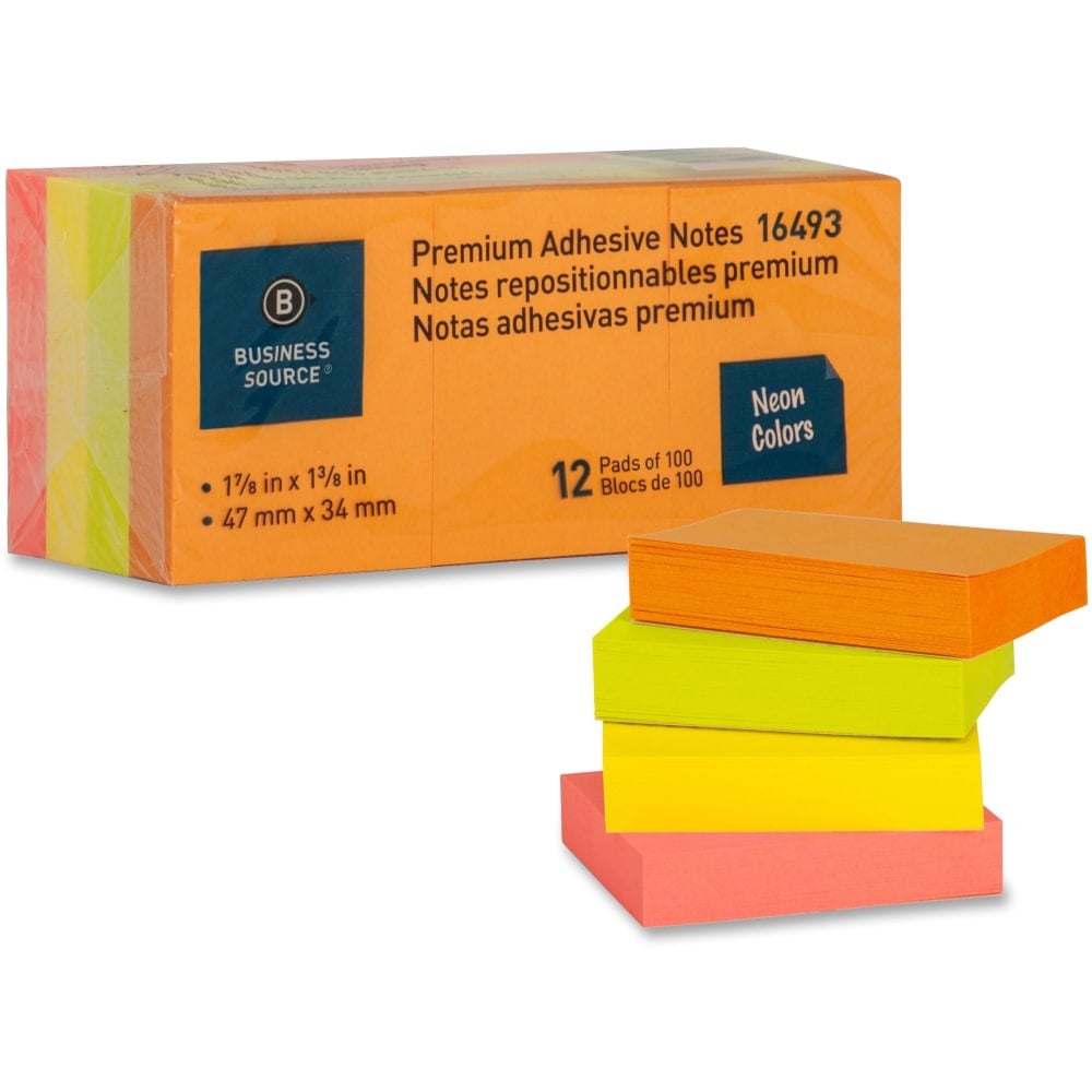 Business Source Premium Repostionable Adhesive Notes - 1 1/2in x 2in - Rectangle - Unruled - Neon - Self-adhesive, Repositionable, Solvent-free Adhesive - 12 / Pack (Min Order Qty 6) MPN:16493