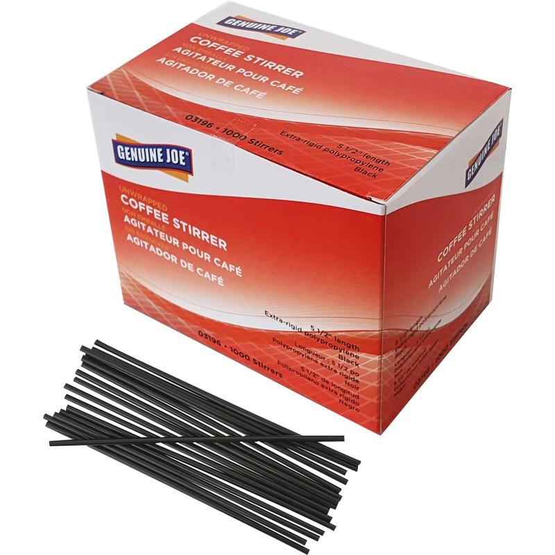 Genuine Joe Plastic Stirrers - 5.5in Length - Plastic, Polypropylene - 1000 / Box - Black (Min Order Qty 25) MPN:03196