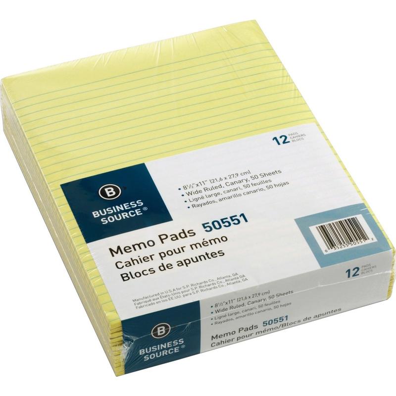 Business Source Glued Top Ruled Memo Pads - Letter - 50 Sheets - Glue - 16 lb Basis Weight - Letter - 8 1/2in x 11in - Canary Paper - 1 Dozen (Min Order Qty 3) MPN:50551