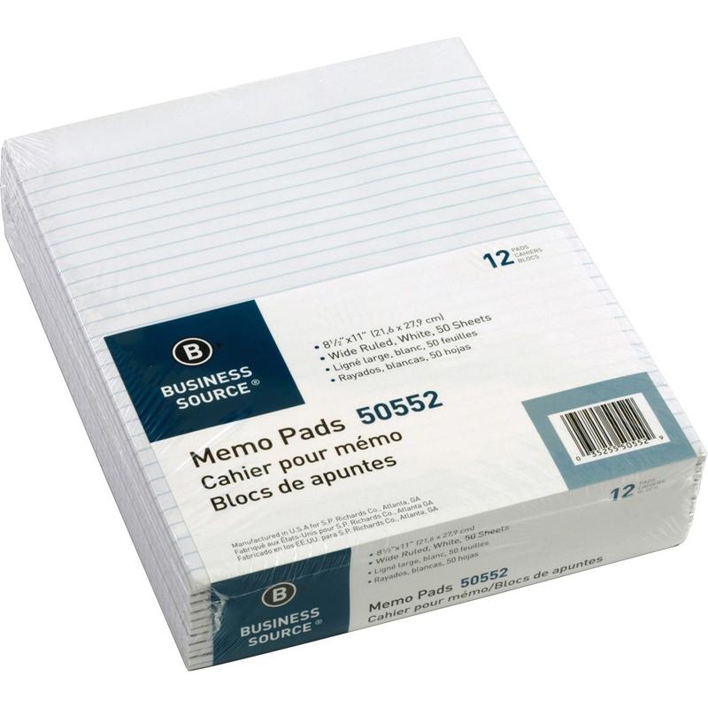 Business Source Glued Top Ruled Memo Pads - Letter - 50 Sheets - Glue - Wide Ruled - 16 lb Basis Weight - Letter - 8 1/2in x 11in - White Paper - 1 Dozen (Min Order Qty 3) MPN:50552