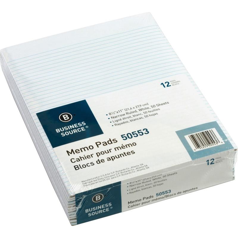 Business Source Glued Top Ruled Memo Pads - Letter - 50 Sheets - Glue - Narrow Ruled - 16 lb Basis Weight - Letter - 8 1/2in x 11in - White Paper - 1 Dozen (Min Order Qty 3) MPN:50553