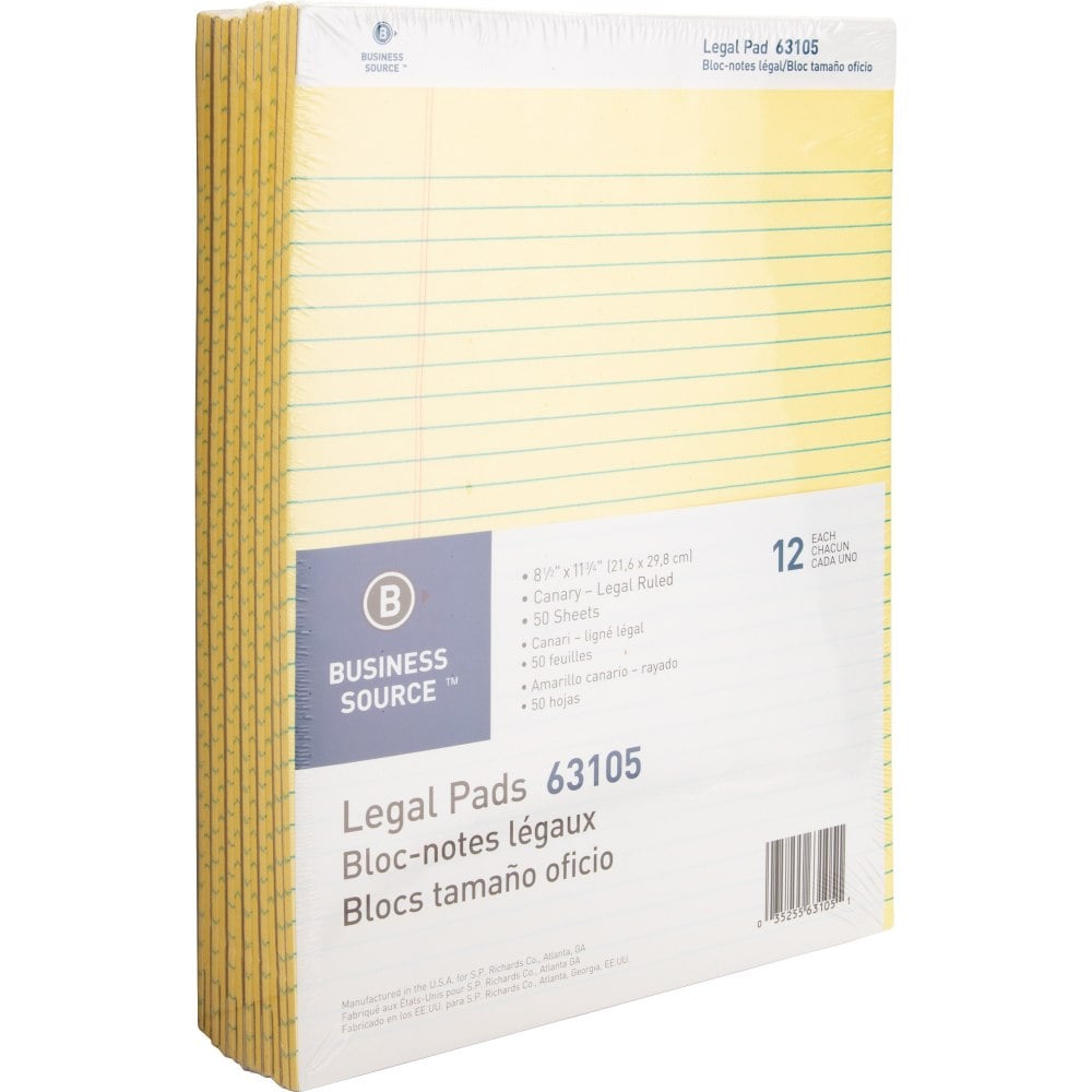 Business Source Micro-Perforated Legal Ruled Pads - 50 Sheets - 0.34in Ruled - 16 lb Basis Weight - 8 1/2in x 11 3/4in - Canary Paper - Micro Perforated, Easy Tear, Sturdy Back - 1 Dozen (Min Order Qty 4) MPN:63105