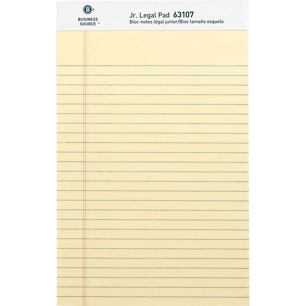 Business Source Writing Pads - 50 Sheets - 0.28in Ruled - 16 lb Basis Weight - Jr.Legal - 8in x 5in - Canary Paper - Micro Perforated, Easy Tear, Sturdy Back - 1 Dozen (Min Order Qty 5) MPN:63107