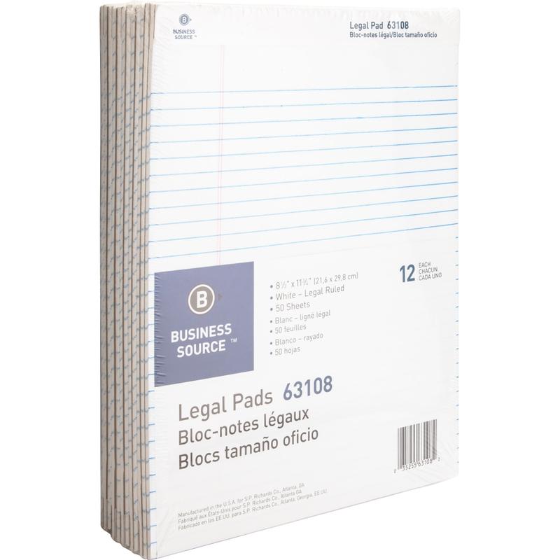 Business Source Micro-Perforated Legal Ruled Pads - 50 Sheets - 0.34in Ruled - 16 lb Basis Weight - 8 1/2in x 11 3/4in - White Paper - Micro Perforated, Easy Tear, Sturdy Back - 1 Dozen (Min Order Qty 4) MPN:63108