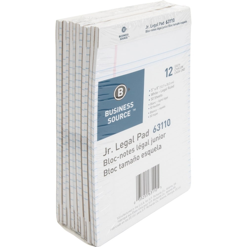 Business Source Writing Pads - 50 Sheets - 0.28in Ruled - 16 lb Basis Weight - Jr.Legal - 8in x 5in - White Paper - Micro Perforated, Easy Tear, Sturdy Back - 1 Dozen (Min Order Qty 5) MPN:63110