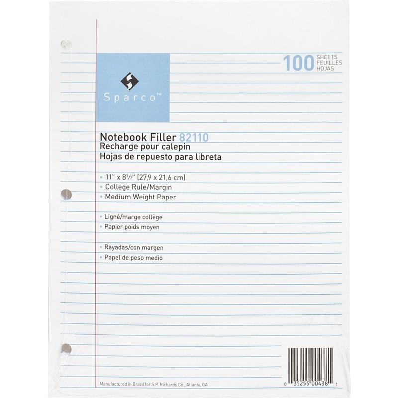 Sparco Notebook Filler Paper, 8-1/2in x 11in, College Rule, White, Pack of 100 Sheets (Min Order Qty 13) MPN:82110