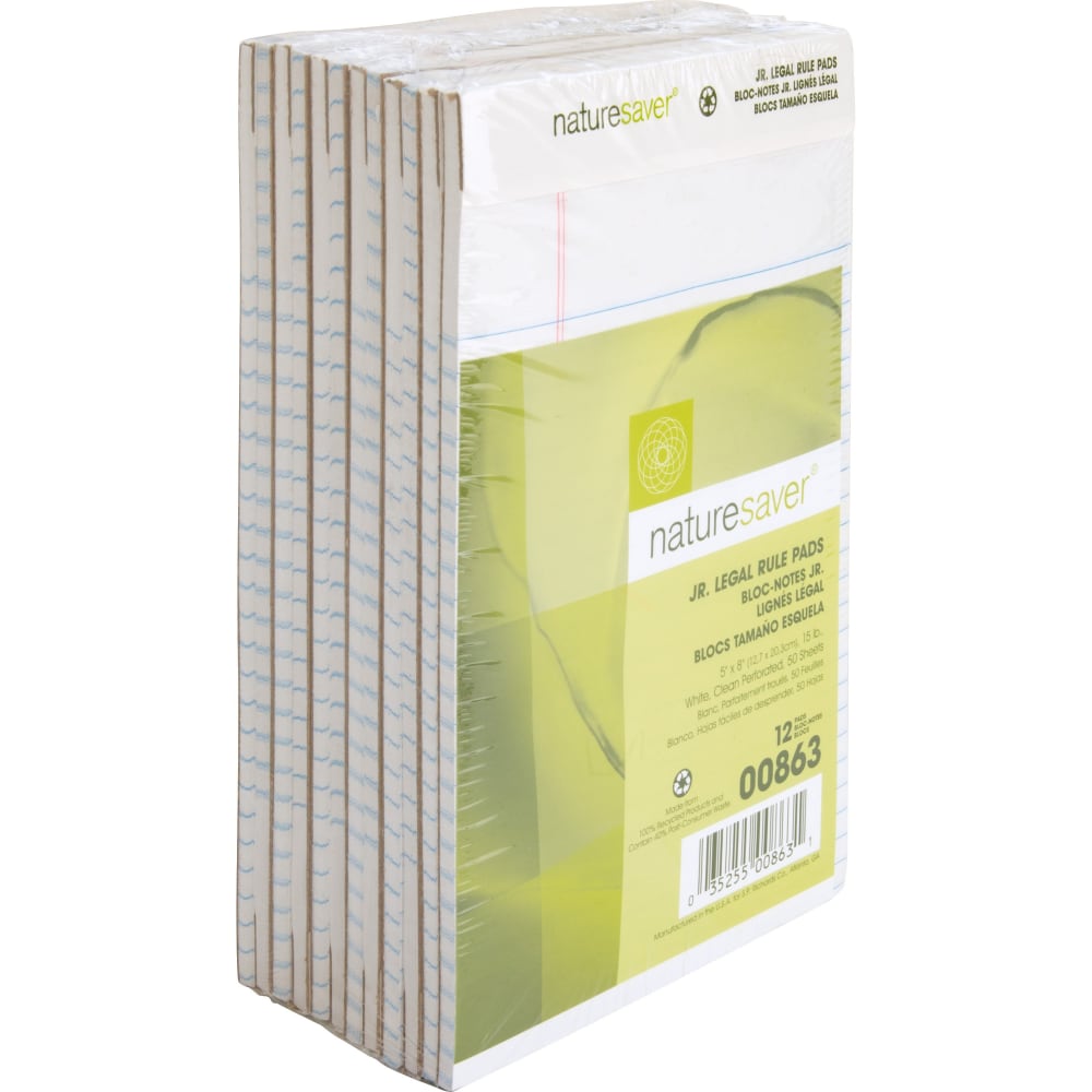 Nature Saver Jr. Rule Legal Pads, 5in x 8in, 50 Sheets, 100% Recycled, White, Pack Of 12 (Min Order Qty 3) MPN:00863