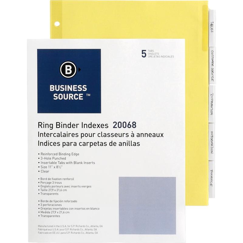 Business Source Buff Stock Ring Binder Indexes - 5 x Divider(s) - Blank Tab(s) - 5 Tab(s)/Set2in Tab Width - 8.5in Divider Width x 11in Divider Length - Letter - 3 Hole Punched - Buff Buff Paper Divider - Clear Tab(s) - 250 / Box (Min Order Qty 3) MPN:200