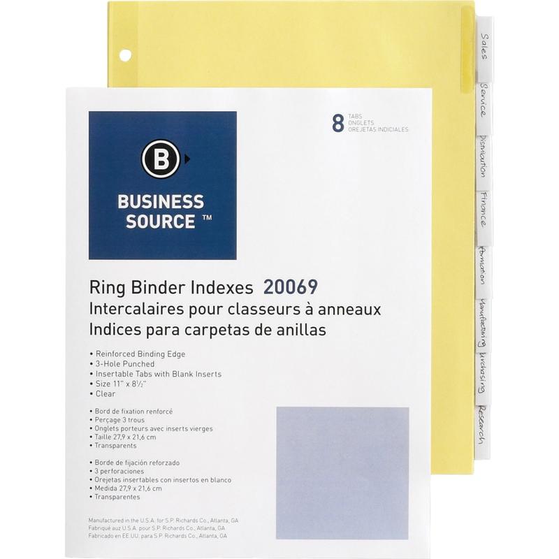 Business Source Buff Stock Ring Binder Indexes - 8 x Divider(s) - Blank Tab(s) - 8 Tab(s)/Set1.25in Tab Width - 8.5in Divider Width x 11in Divider Length - Letter - 3 Hole Punched - Clear Buff Paper Divider - Clear Tab(s) - 400 / Box (Min Order Qty 2) MPN