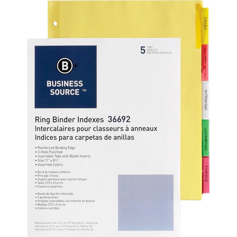 Business Source Insertable Tab Ring Binder Indexes - 5 Blank Tab(s)2in Tab Width - 8.5in Divider Width x 11in Divider Length - Letter - 3 Hole Punched - Multicolor Tab(s) - 250 / Box (Min Order Qty 3) MPN:36692BX