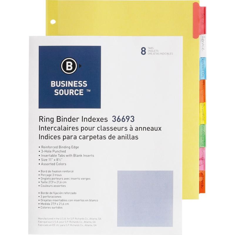 Business Source Insertable Tab Ring Binder Indexes - 8 Blank Tab(s)1.50in Tab Width - 8.5in Divider Width x 11in Divider Length - Letter - 3 Hole Punched - Multicolor Tab(s) - 400 / Box MPN:36693BX