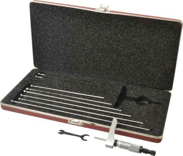 Mechanical Depth Micrometer: 9'' Range, 9 Rod, Satin Chrome Finish MPN:52175