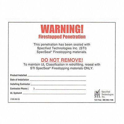 Fire Penetration Warning Label 5-1/4 L MPN:Z1005892CG