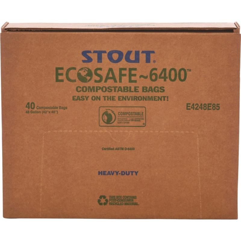 Stout EcoSafe-6400 Compostable Compost Bags, 0.85-mil, 48 Gallons, 42in x 48in, Green, Box Of 40 (Min Order Qty 2) MPN:E4248E85