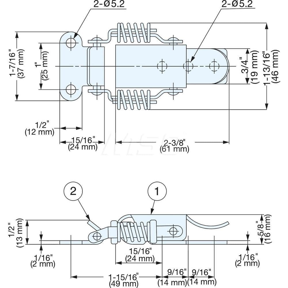 Spring Loaded Compression Draw Door Latch: 46 mm OAW, 16 mm OAH, 304 Stainless Steel, Polished Finish MPN:SCC-60/SS