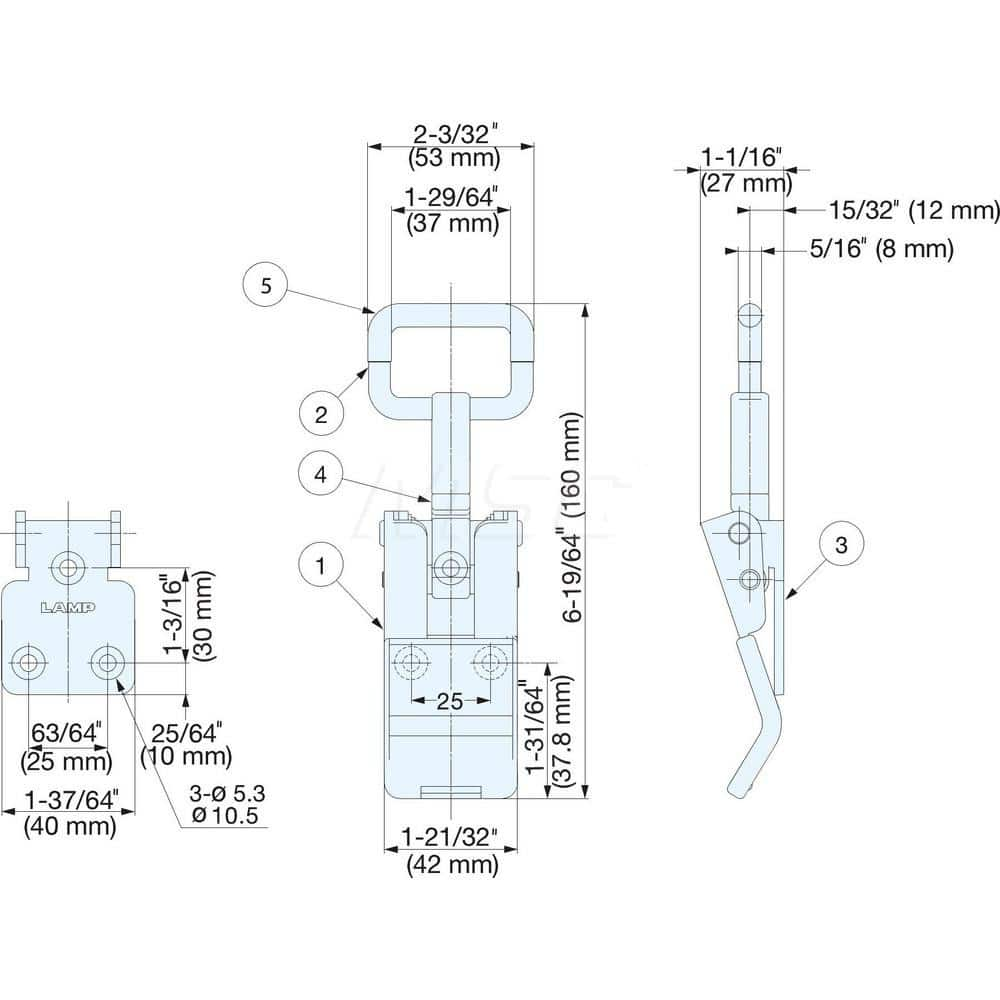 Clean Room Draw Door Latch: 53 mm OAW, 27 mm OAH, 316 Stainless Steel, Satin Finish MPN:STF-CV150