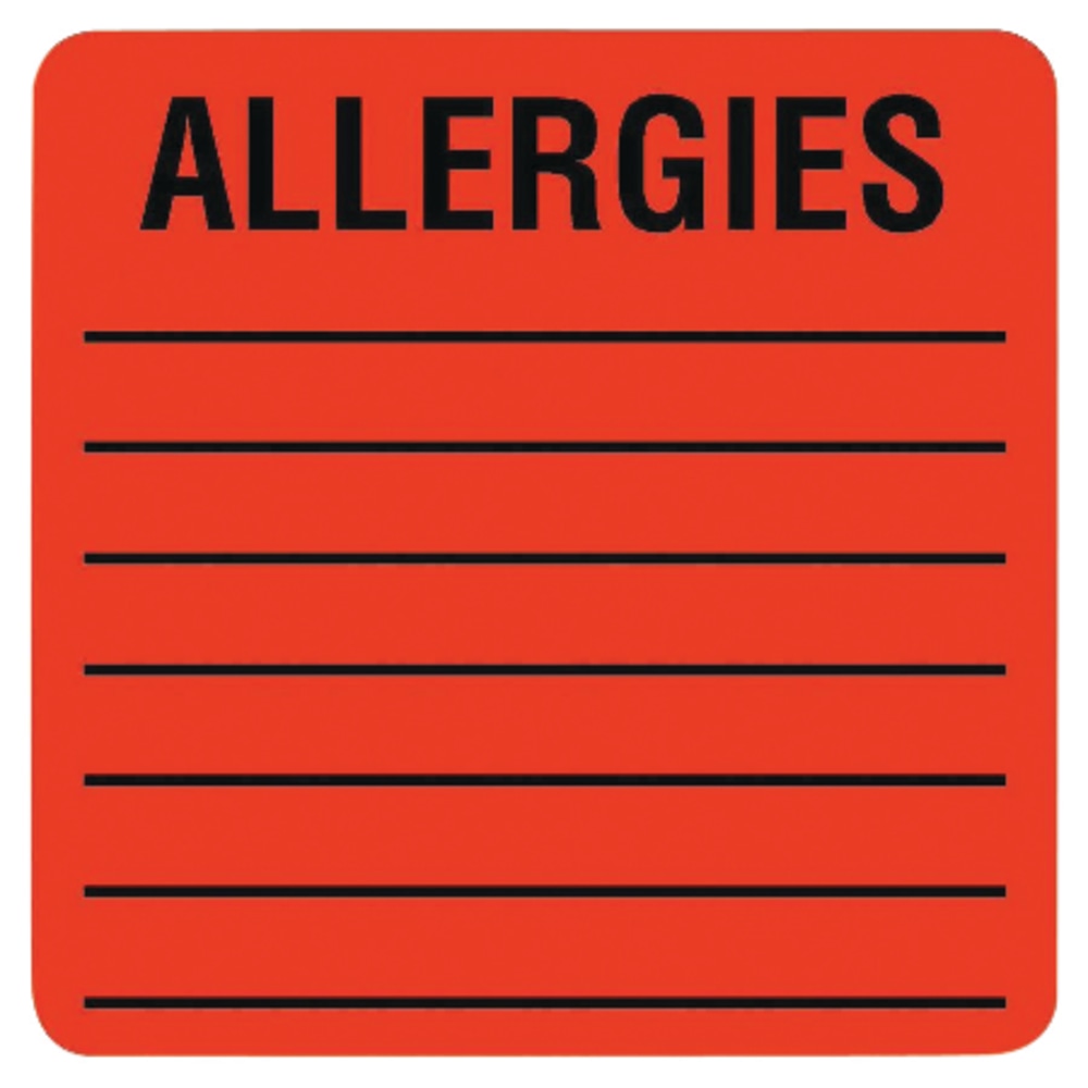 Tabbies Allergy Labels, TAB40560, 2in x 2in Square, Flourescent Red, Roll of 500 (Min Order Qty 4) MPN:40560