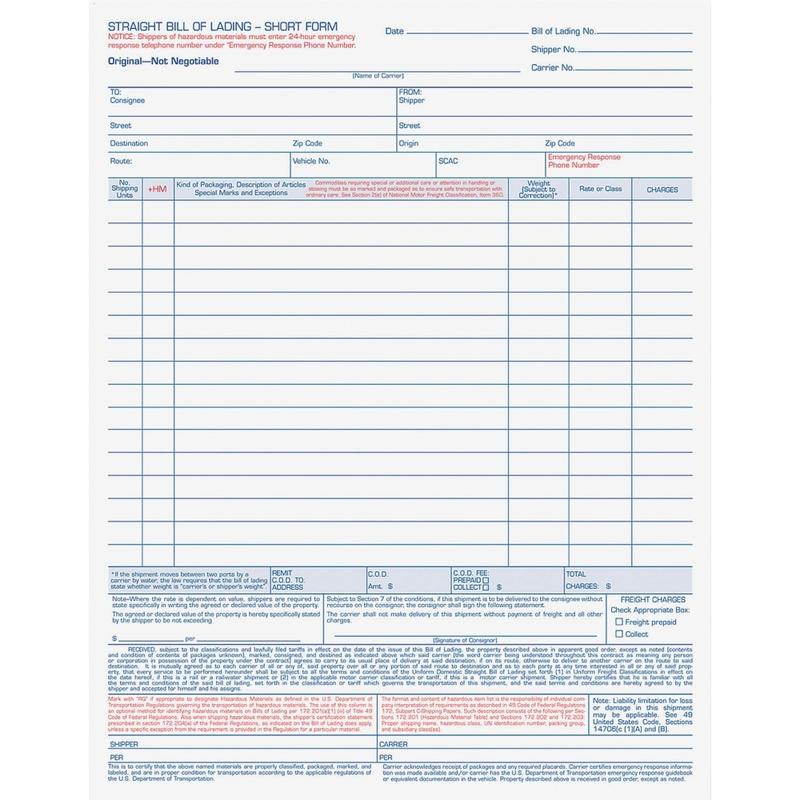 TOPS Bill-of-Lading Snap off 4-part Form Sets - 4 PartCarbonless Copy - 11 7/16in x 8 1/2in Sheet Size - White Sheet(s) - Light Blue, Blue, Red Print Color - 50 / Pack (Min Order Qty 3) MPN:3847