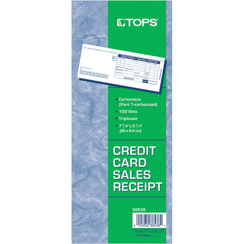 TOPS Credit Card Sales Slip Forms - 15 lb - 3 Part - Carbonless Copy - 3 1/4in x 7 7/8in Sheet Size - White Sheet(s) - Blue Print Color - Paper - 100 / Pack (Min Order Qty 5) MPN:38538